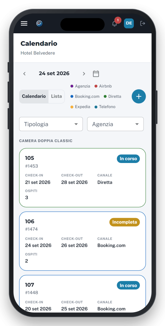 Il calendario delle camere su smartphone